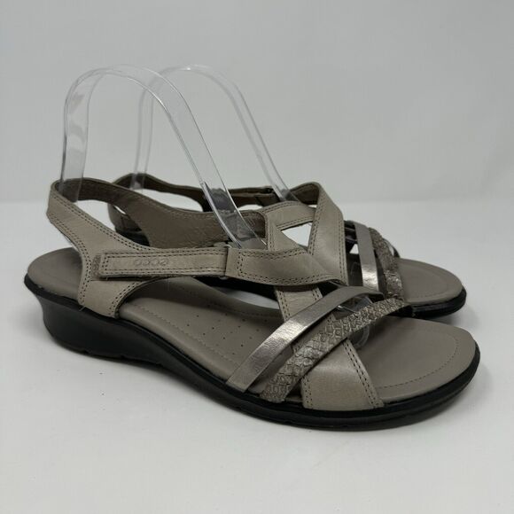Ecco Felicia Wedge Slingback Strappy Sandals Tan Gray Leather Womens Sz 41 10.5 - Picture 3 of 6
